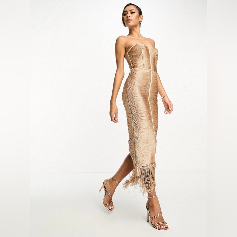 ASOS DESIGN Bandeau fringe midi dress in stone ***NWT****